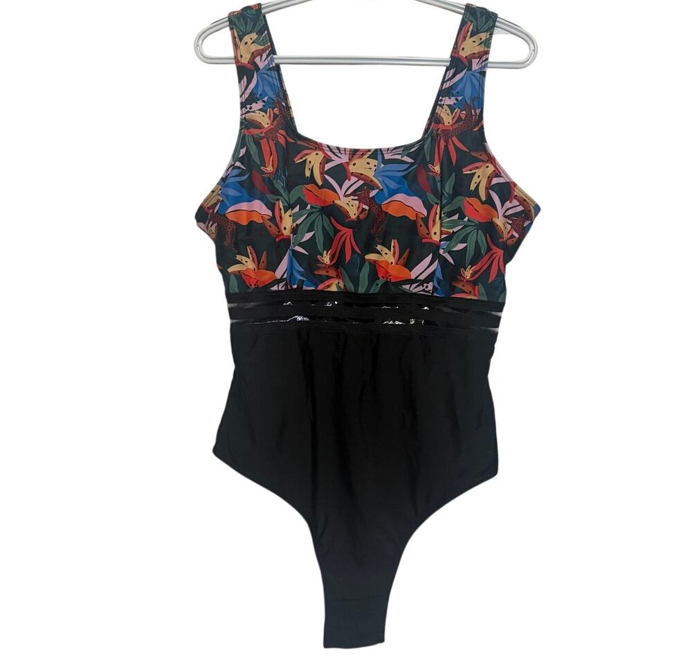 Women's Black Tropical Green Blue‎ Orange Cheetah One Piece Swimwear Size 2XL